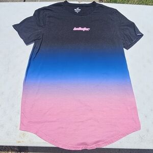 Hollister Curved Hem T-Shirt Black and Blue Short Sleeve Gradient Design Size M